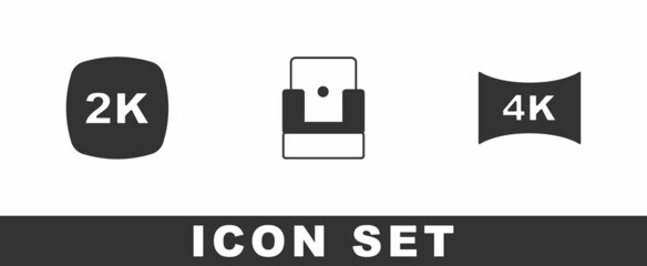 Set 2k Ultra HD, Cinema chair and Screen tv with 4k icon. Vector