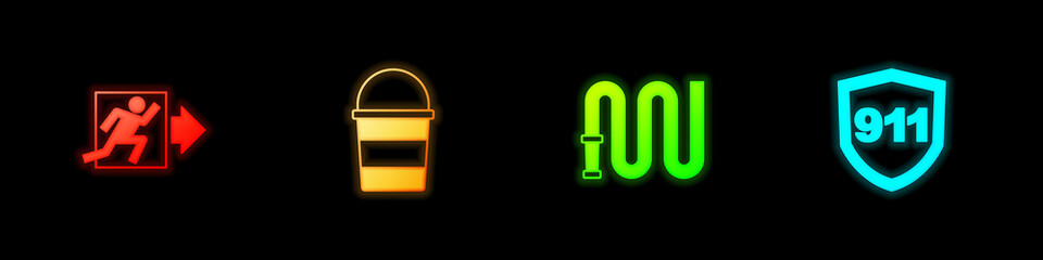 Set Fire exit, bucket, hose reel and Emergency call 911 icon. Vector