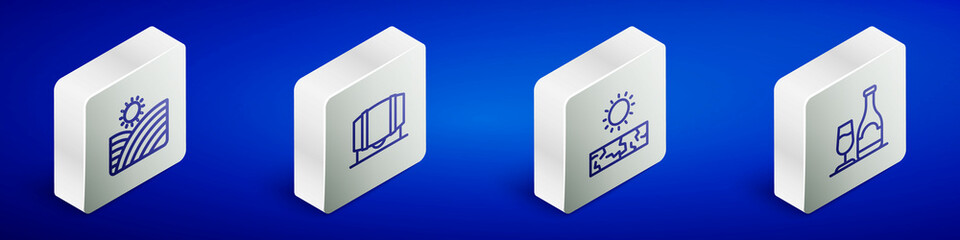 Set Isometric line Vineyard wine grapes, Wooden barrel for, Drought and Wine bottle with glass icon. Vector