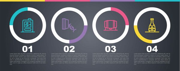 Set line Cardboard box of wine, Wine tasting, degustation, Wooden barrel for and Champagne bottle. Business infographic template. Vector