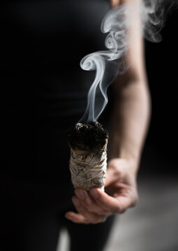 Woman hand holding herb bundle of dried sage smudge stick