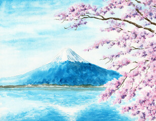 アナログ水彩富士山と桜の風景画