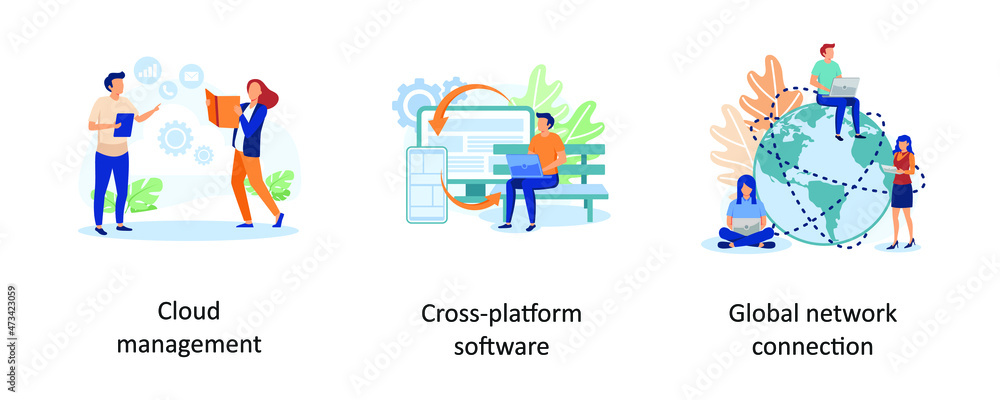 Poster cloud management, cross platform software, global network connection. global communication abstract 