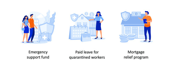 Emergency support fund, Paid leave for quarantined workers, Mortgage relief program. Governmental help abstract concept vector illustration set.