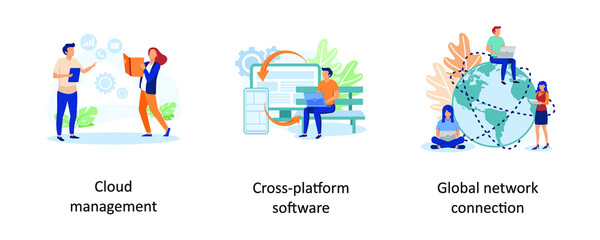 Cloud management, Cross platform software, Global network connection. Global communication abstract concept vector illustration set.