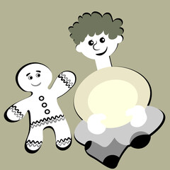 the boy sits cross-legged and smiles at the gingerbread man. Design element