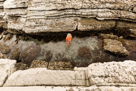 From above view of curly haired child exploring rock pool in New Zealand