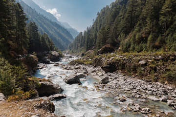 Landscape with a river in the mountains, Himalayas, Nepal