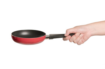 Hand holding frying pan isolated on white background.