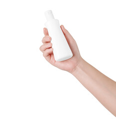 Female hand holding a bottle of container on white background