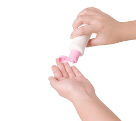 Woman hand pouring body care lotion isolated on white background