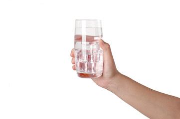 Hand holding a glass of water isolated on white background.