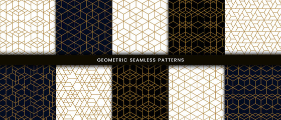  Set of geometric seamless pattern polygonal shape. Luxury background with gold lines on navy, black and white color