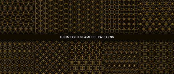  Set of geometric seamless pattern circle design. Luxury with shiny gold lines on dark background