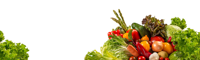 Fresh food, vegetables, ecologically food delivery concept. Close-up, side view isolated on white background. Panoramic.