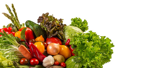 Organic food, vegetables, ecologically fresh food delivery concept. Close-up, side view isolated on white background.