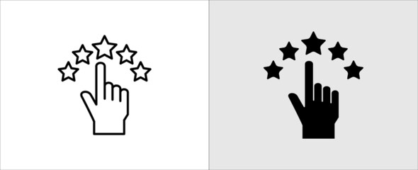Hand click on the star rating icon. Five pointing on the star symbol of satisfaction review. Vector stock illustration