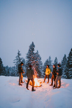 A group of friends stand around a campfire with snowy pine tree