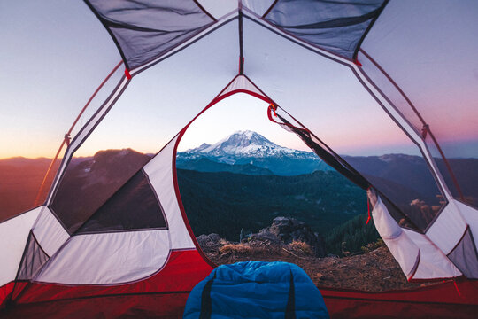 Morning view on mt. Rainier from a tent