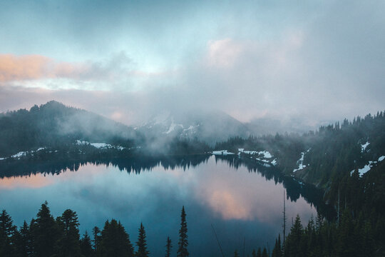 Summit lake near mt. Rainier in the clouds