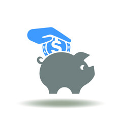 Vector illustration of piggy bank  with hand put coin. Icon of savings money. Symbol of financial investment.