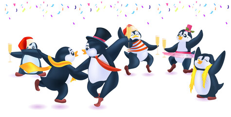 cute penguins celebrating new year christmas holidays antarctic birds having fun full length