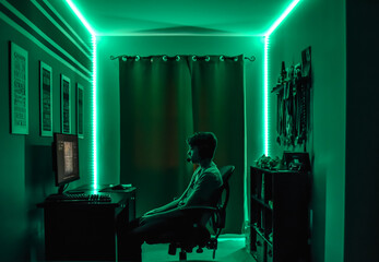Teenage boy playing video game at desk in room with neon LED lighting.