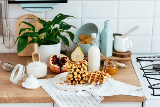 homemade waffles. ingredients. kitchen. morning.