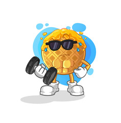 Naklejka premium waffle lifting dumbbell vector. cartoon character