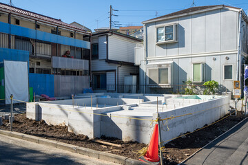 Fototapeta na wymiar Ground concrete work for a family home in Japan