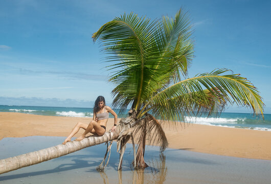 Girl and Palm Trees Relaxing on Puerto Rican Beach