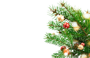Christmas or New Year background with fir branches and holiday decor on white background, copy space.
