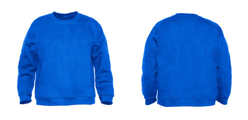 Blank sweatshirts color blue on invisible mannequin template front and back view on white...