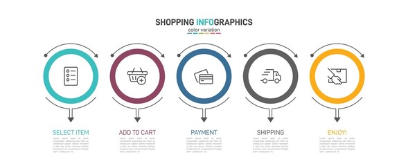 Concept of shopping process with 5 successive steps. Five colorful graphic elements. Timeline design for brochure, presentation, web site. Infographic design layout.