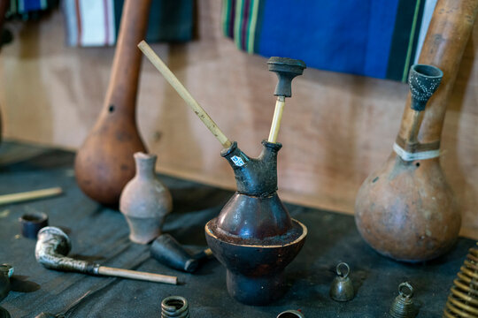 Smoking pipes displayed in Mindat Museum, Myanmar