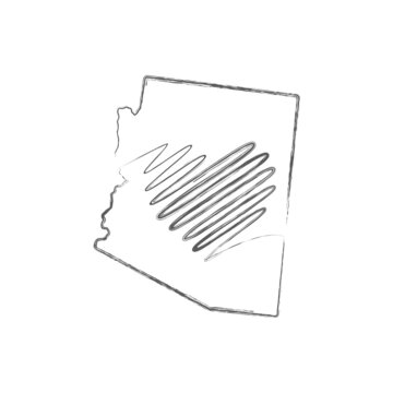 Arizona US state hand drawn pencil sketch outline map with heart shape. Continuous line drawing of patriotic home sign. A love for a small homeland. T-shirt print idea. Vector illustration.