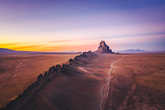 Shiprock mountain in the sunset light from above, New Mexico