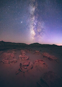 Famous mudstone "Alien Eggs" formation under the Milky Way, New Mexico