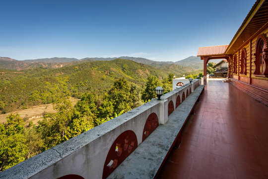 Scenic view of mountains from terrace of Dhart Zom Doi Kabar Aye Pagoda near Kengtung, Myanmar