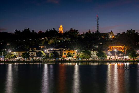 Buddha statue above Nong Tung Lake at night, Kengtung, Myanmar