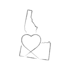 Fototapeta na wymiar Idaho US state hand drawn pencil sketch outline map with heart shape. Continuous line drawing of patriotic home sign. A love for a small homeland. T-shirt print idea. Vector illustration.