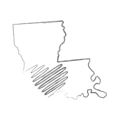 Louisiana US state hand drawn pencil sketch outline map with heart shape. Continuous line drawing of patriotic home sign. A love for a small homeland. T-shirt print idea. Vector illustration.