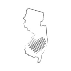 New Jersey US state hand drawn pencil sketch outline map with heart shape. Continuous line drawing of patriotic home sign. A love for a small homeland. T-shirt print idea. Vector illustration.
