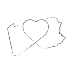 Naklejka na ściany i meble Pennsylvania US state hand drawn pencil sketch outline map with heart shape. Continuous line drawing of patriotic home sign. A love for a small homeland. T-shirt print idea. Vector illustration.