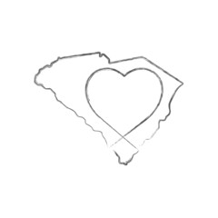 South Carolina US state hand drawn pencil sketch outline map with heart shape. Continuous line drawing of patriotic home sign. A love for a small homeland. T-shirt print idea. Vector illustration.