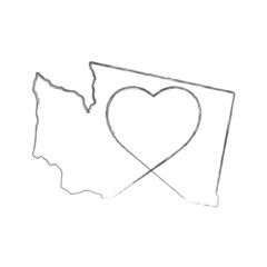 Washington US state hand drawn pencil sketch outline map with heart shape. Continuous line drawing of patriotic home sign. A love for a small homeland. T-shirt print idea. Vector illustration.