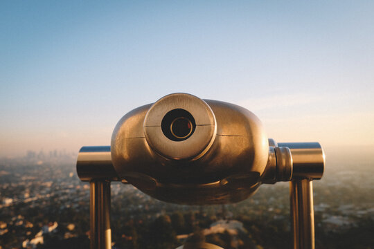 Close up of coin viewer with the City of Los Angeles in the distance