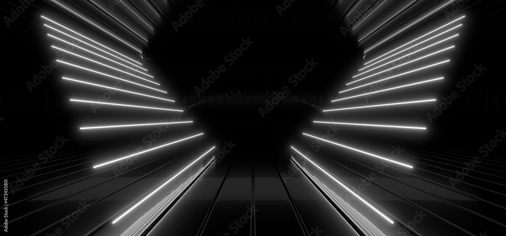 Poster a dark tunnel lit by white neon lights. reflections on the floor and walls. 3d rendering image.