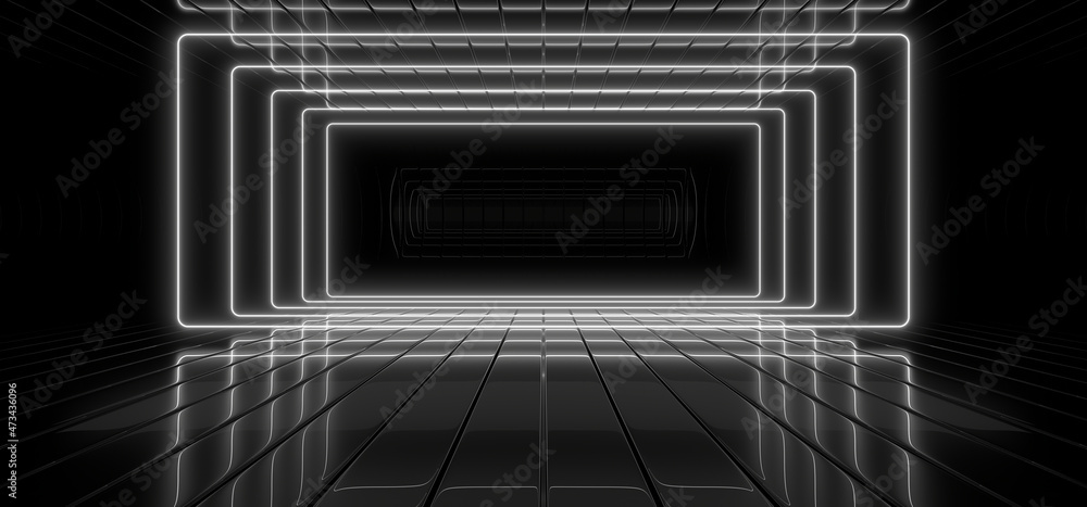 Poster a dark tunnel lit by white neon lights. reflections on the floor and walls. 3d rendering image.