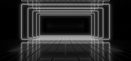 Obraz premium A dark tunnel lit by white neon lights. Reflections on the floor and walls. 3d rendering image.